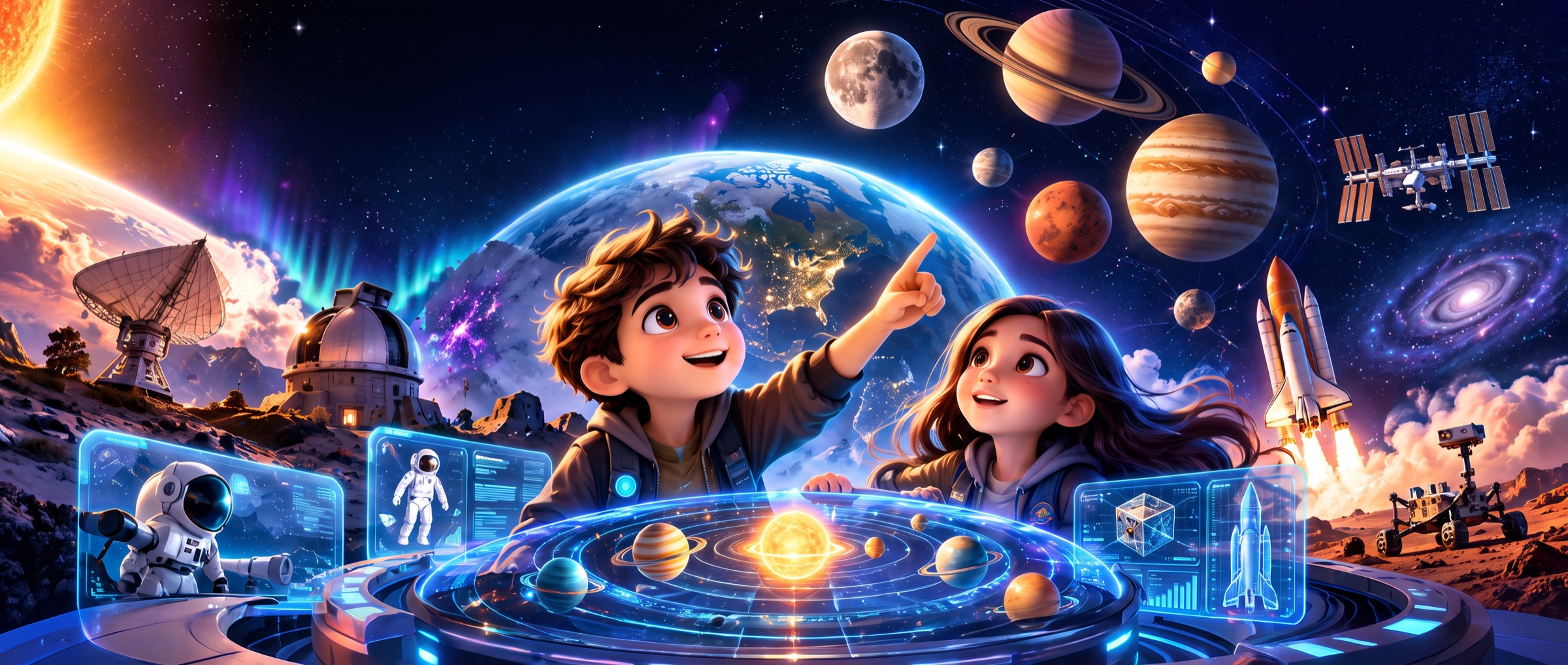 Dos jóvenes exploradores observan un modelo holográfico del Sistema Solar