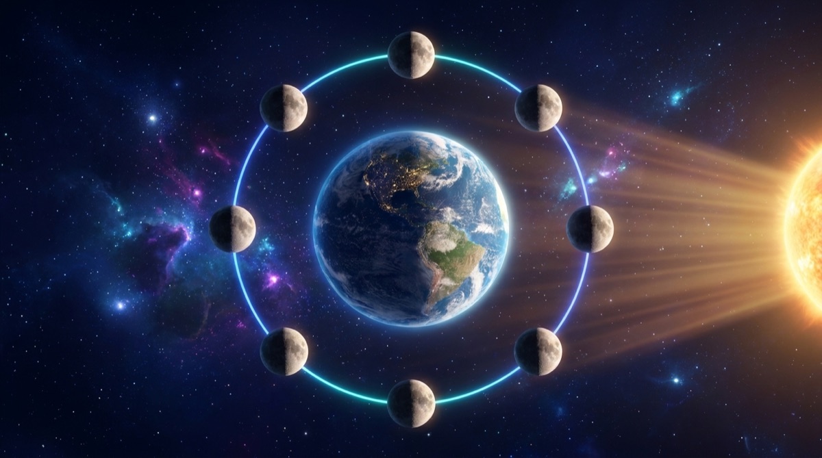 Ilustración: La geometría Sol–Tierra–Luna